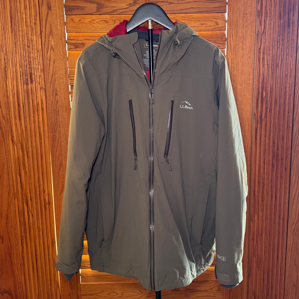 LL Bean Mens TEK O2 3L Storm Jacket Olive Green Waterproof Hooded Shell Large